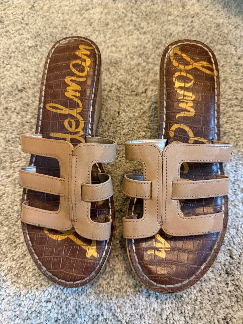 Sam Edelman Tan Slide Sandals with Brown Croc-Embossed Footbed
